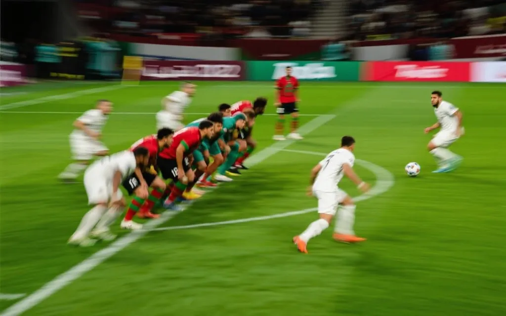 2022世界杯摩洛哥式防守反击的战术画面，球员紧凑站位与快速推进