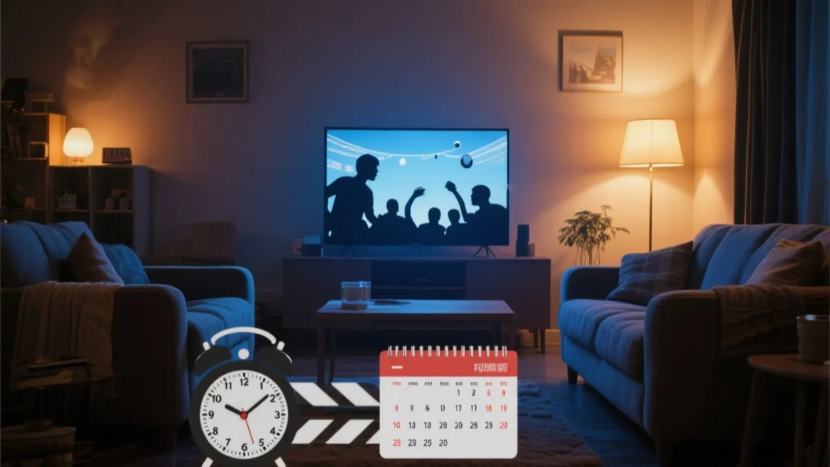 客厅观赛场景，日历与时钟元素叠加的编辑风图片
